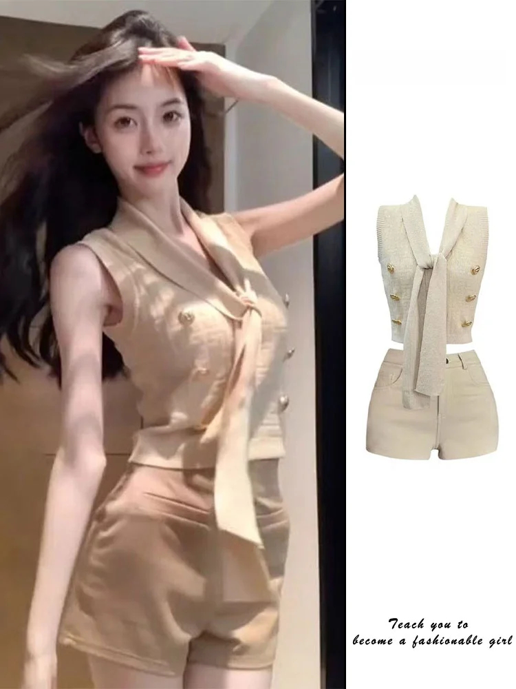 Conjunto de chaleco de punto con cuello en V y pantalones cortos de cintura alta para mujer, traje de dos piezas de verano, t...