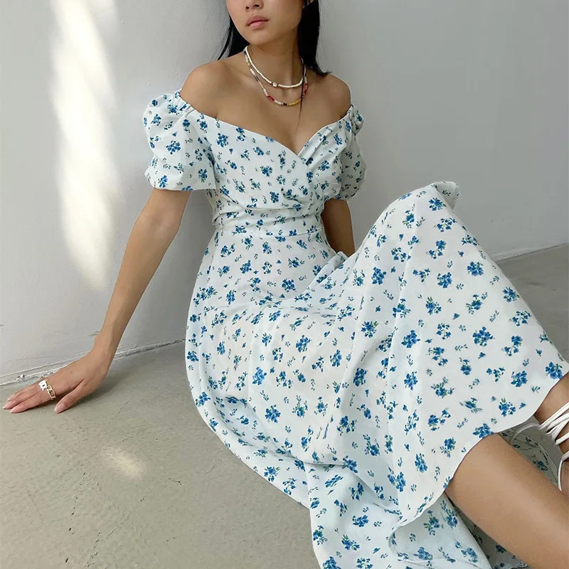

2025 Summer Women's Clothing Fresh Sweet Temperament V Collar Long Floral French Fashion Dress C001