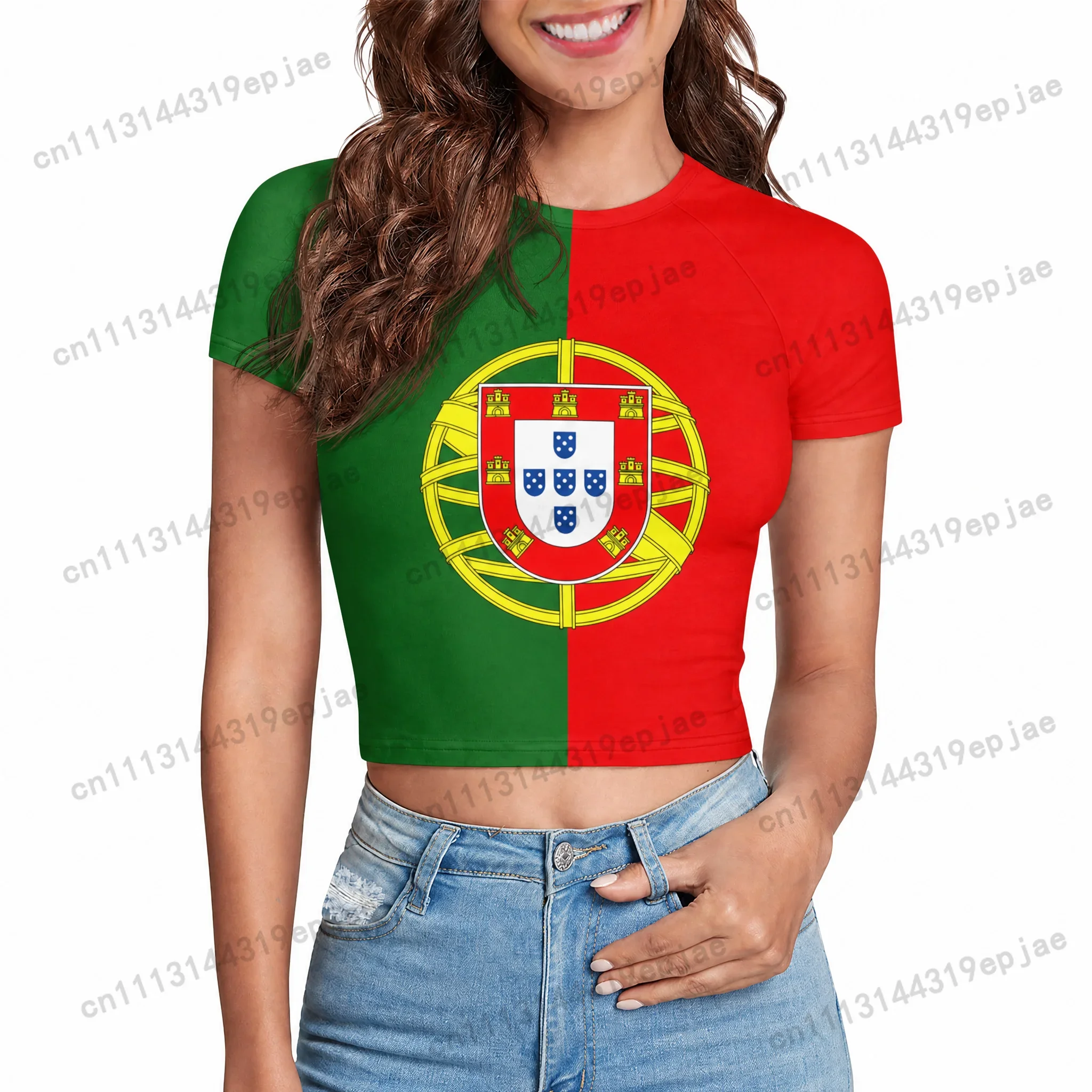 Women Portugal Paraguay Flag Print Crop Tops T-shirt Short Sleeve Neck Girls Y2K Tee Jersey Casual Streetwear Summer Sports Tees