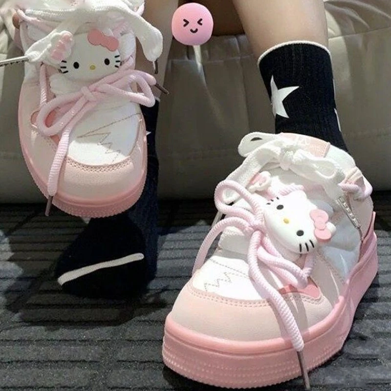 Sanrios Hello Kitty Shoes for Girls, Cute Students, Versatile Cartoon Casual Lolita Pink and White Lace-Up Low-Top Sneakers