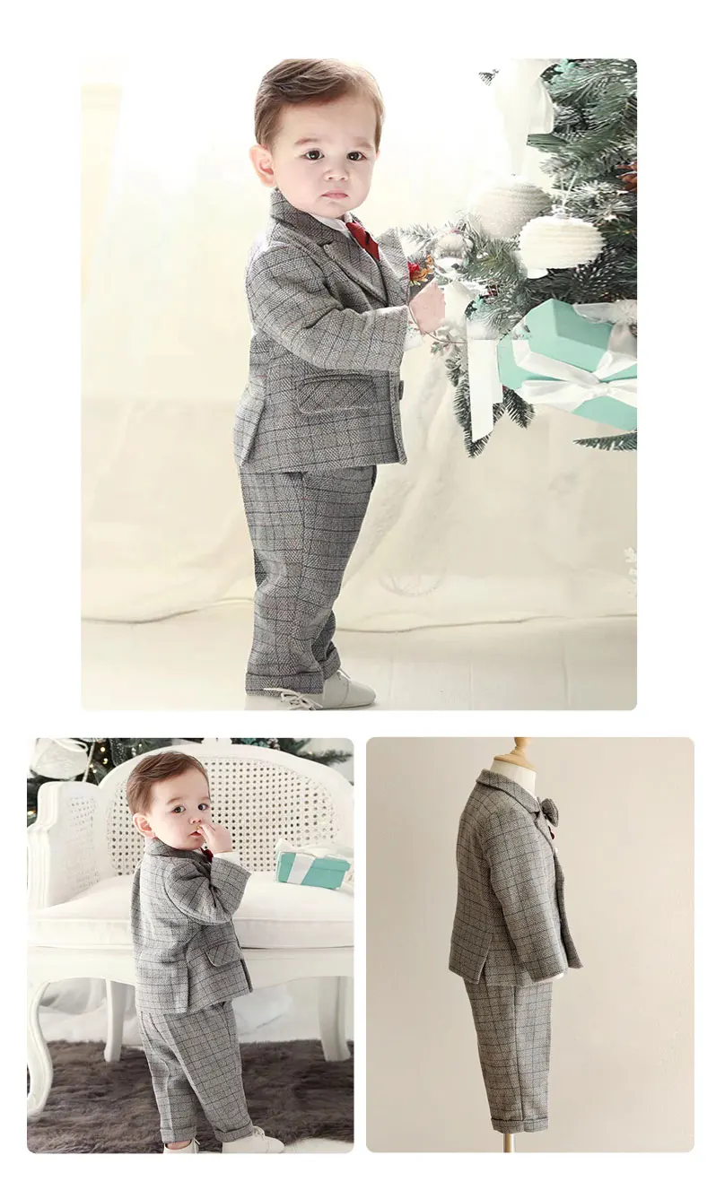 Kinderanzug für Jungen im Gentleman-Stil mit Karomuster, Jacke, Hose, Hosenträgern und Fliege, Formelles Hochzeits- und Fotografie-Kostüm für Babyjungen – Detail 2