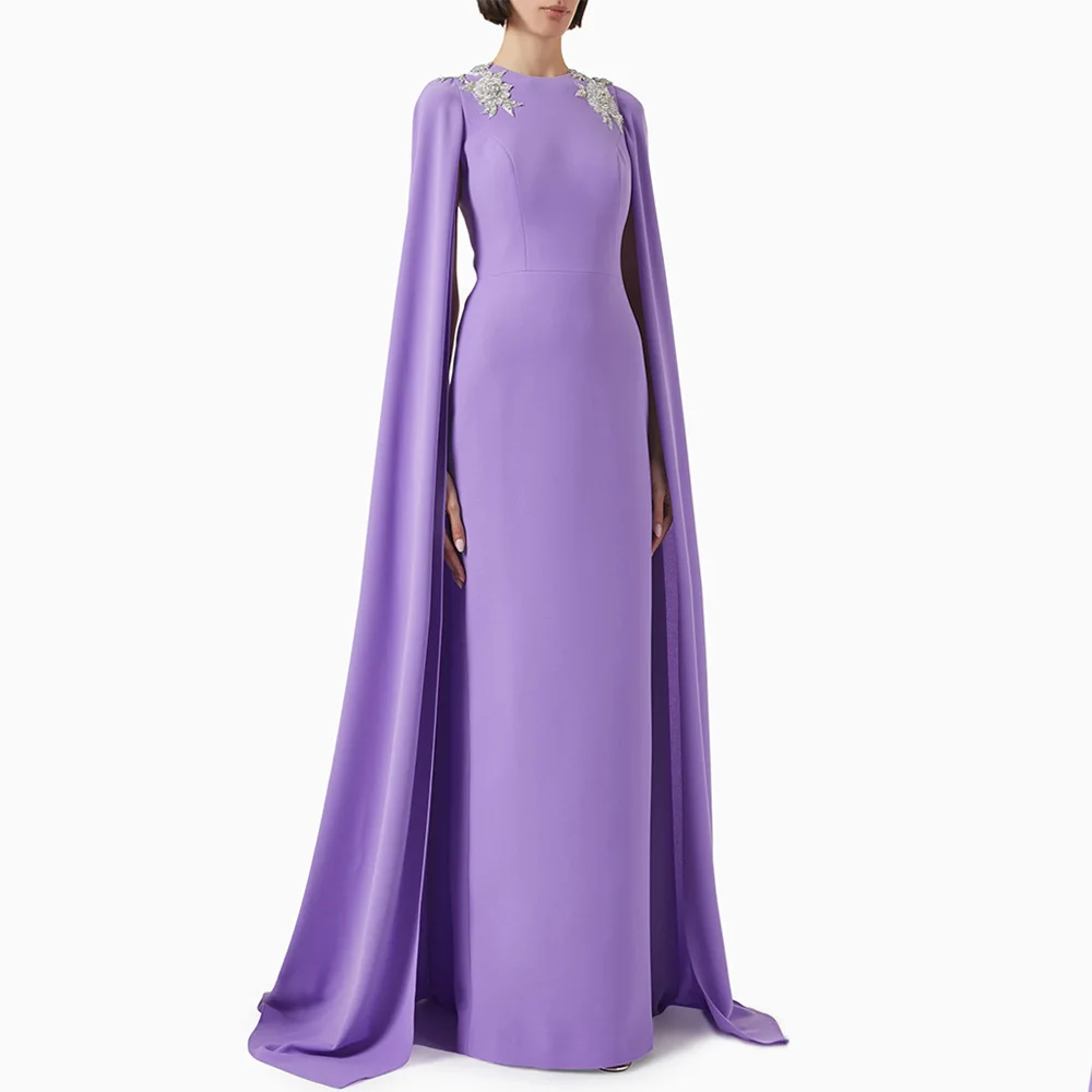 ลาเวนเดอร์ชุดราตรีที่กําหนดเองรอบคอ Cape ประดับด้วยลูกปัด Applique กลับแยก Arabian Party ชุดราตรี