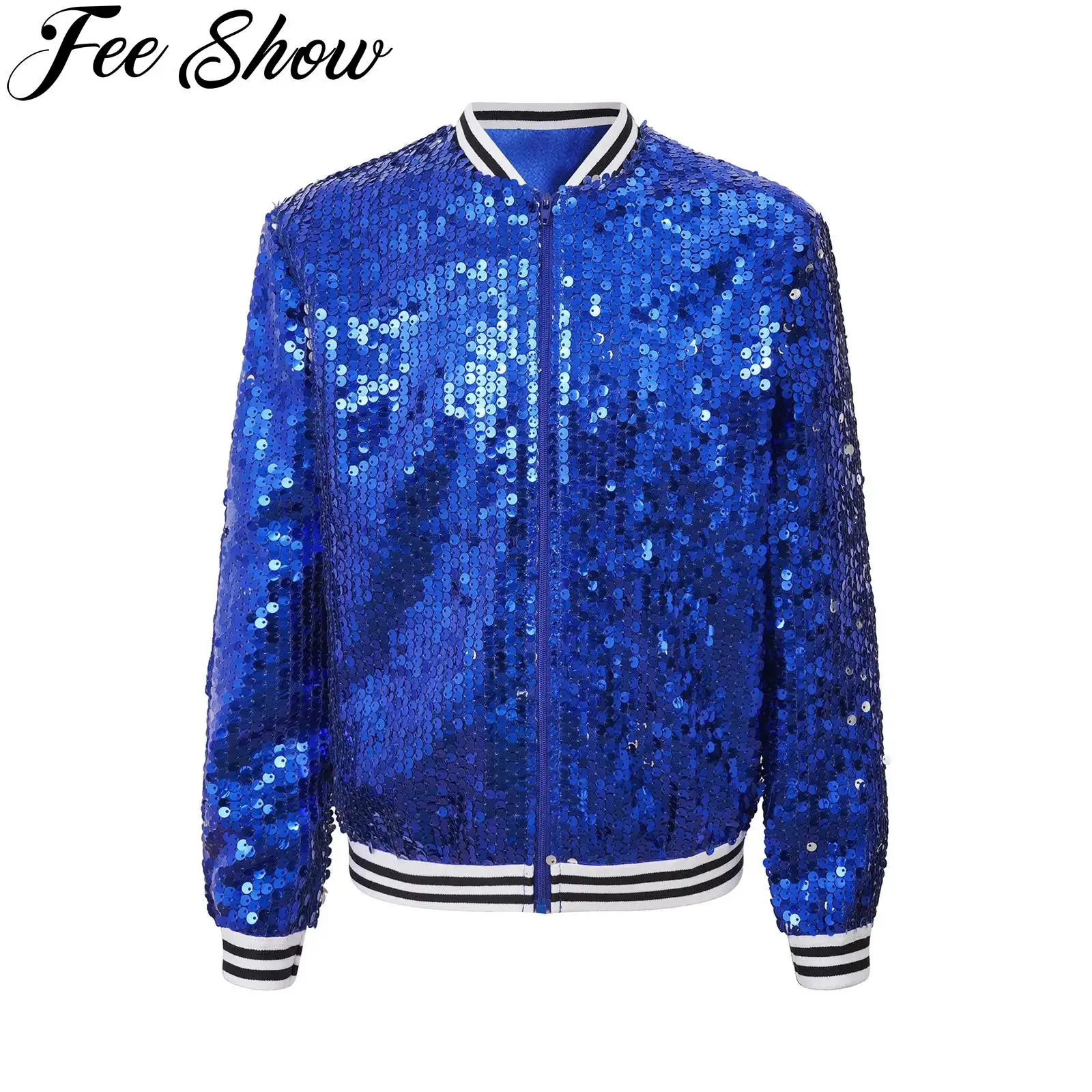 Kids Girls Sparkly Sequins Baseball Jackets Coat Long Sleeve Front Zip Up Striped  Trim Outerwear Dancing Party Bomber Jackets