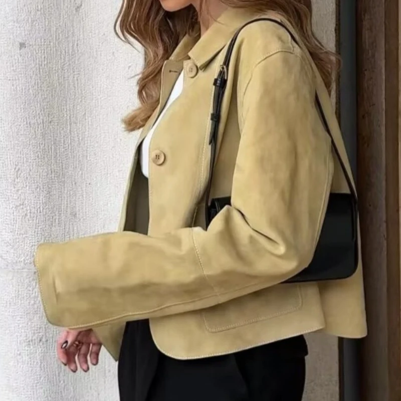 2025 Spring and Autumn Fashion Double Pocket Suede Jacket Jacket Blouse