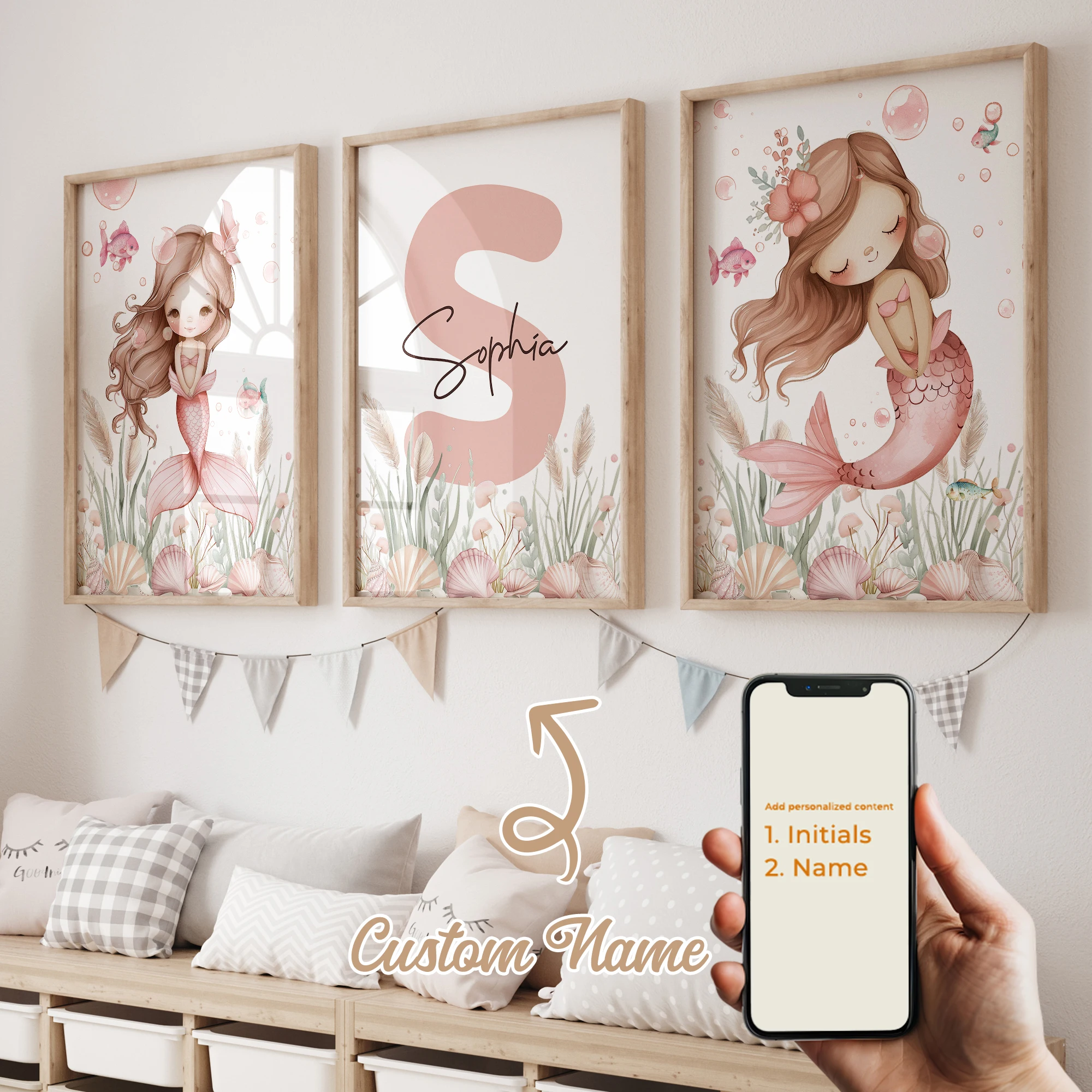 3pcs Personalized Custom Name Toon Mermaid Wall Art Print Picture Canvas Poster Painting For Living Room Home Decor image 4