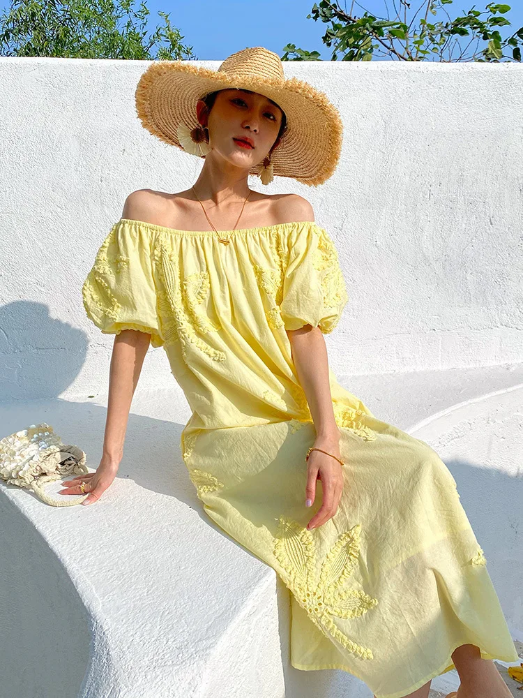 GypsyLady Off The Shoulder Embroidery Dresses Women Loose Cotton Yellow Floral Puff Sleeve Vocation Beach Sexy Ladies Dress New