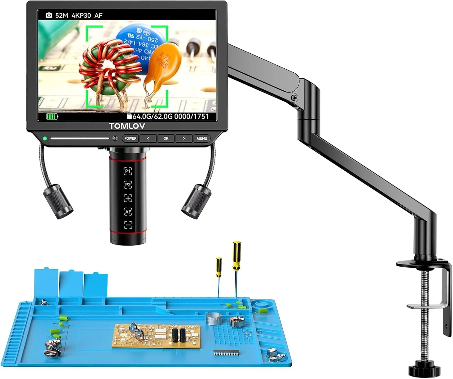Microscope numérique 4K autofocus TOMLOV 8 pouces TM4K-AF avec bras flexible HDMI, microscopes de soudure avec éclairage latéral, réparation électronique