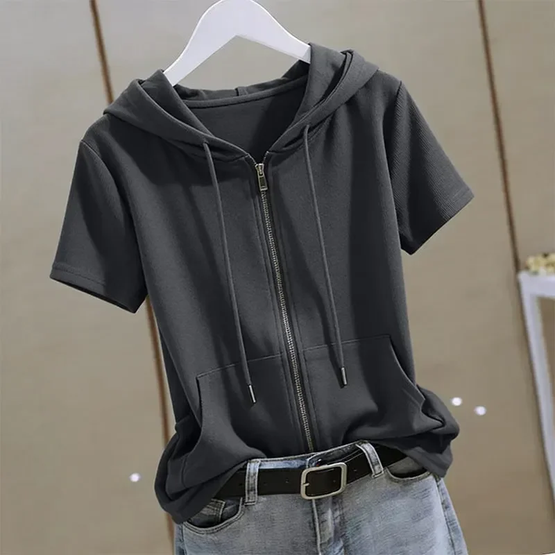 Women's Short Sleeve Zip Up Hoodie T-shirts 2026 Casual Drawstring Hooded Top with Pocket Lightweight Summer Sweatshirt Clothing
