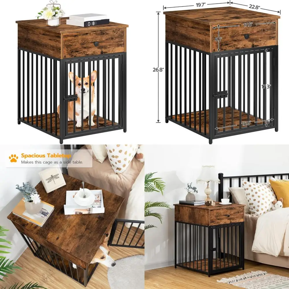 

HOOBRO Dog Crate Furniture, Wooden Dog House, Decorative Dog Kennel with Drawer, Indoor Pet Crate End Table for Small Dog, Steel