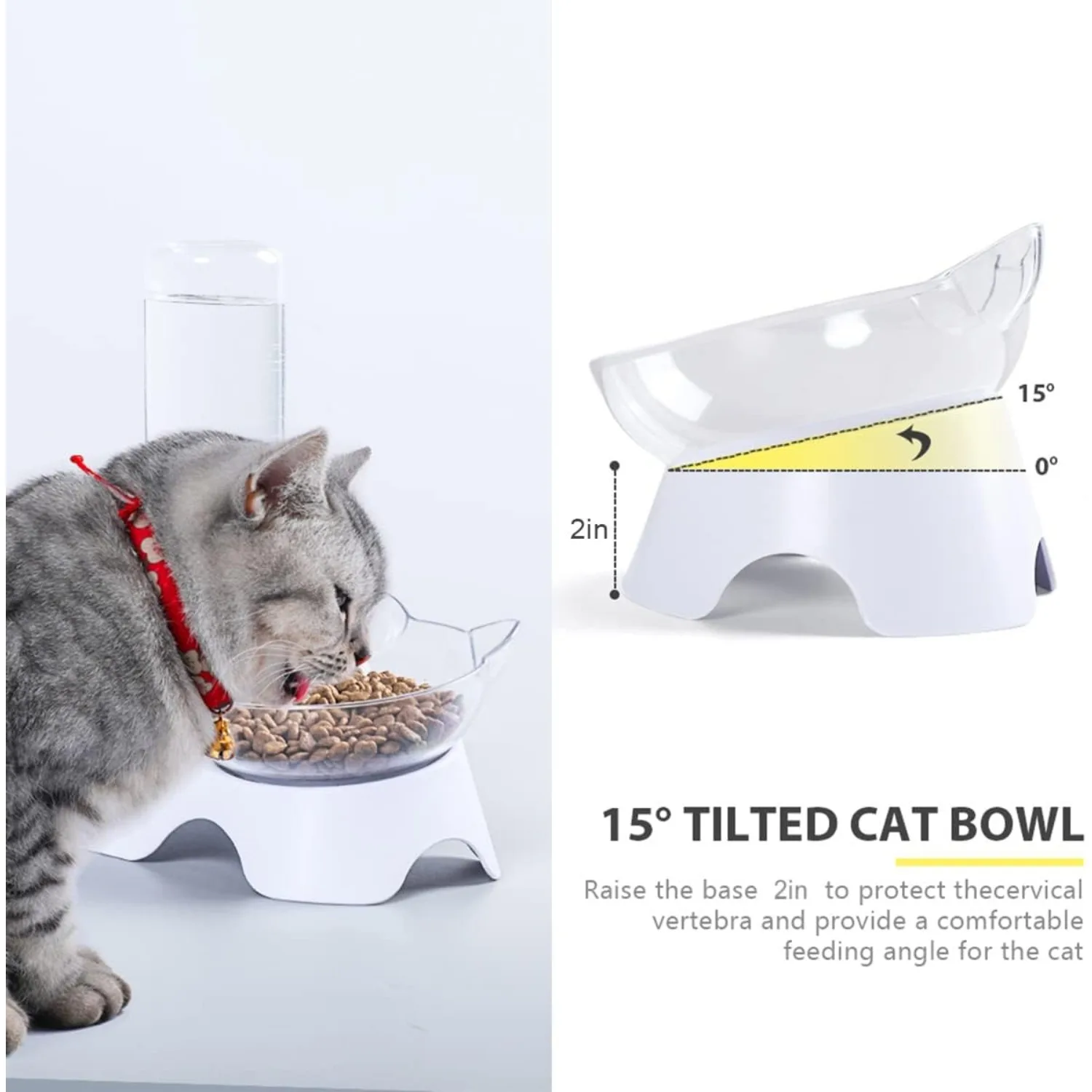 Cat Food and Water Bowl Set Automatic Water Dispenser Tilted Cat Feeding Station Cute Indoor Kitten Pet Dish Easy Clean