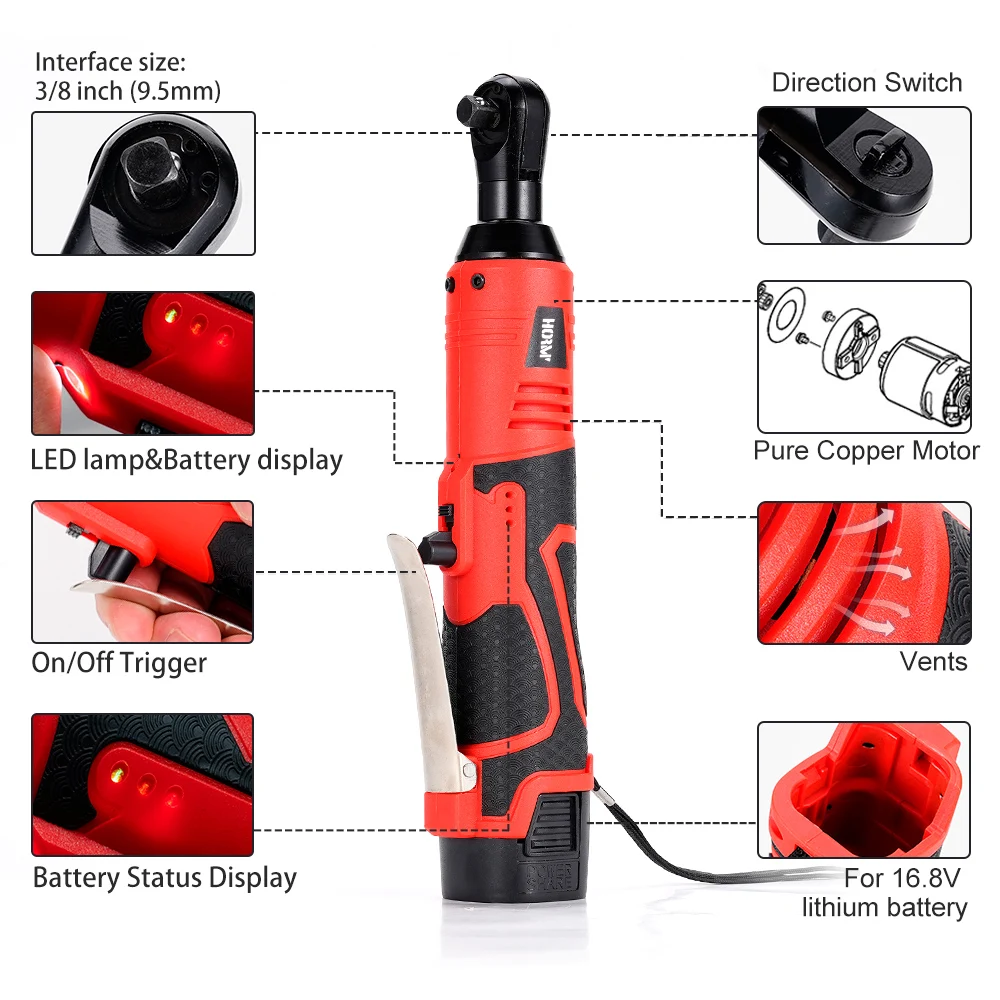 Hormy 16.8V Right Angle Ratchet Wrench 3/8In Cordless Electric Screwdriver for Car Repair 65N.m Multifunctional Stage Rack Tool