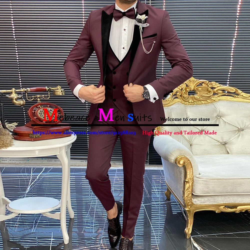 

Burgundy Men Wedding Suits 2023 Slim Fit Peaked Lapel Suit for Men Tailor Made Groomsmen Party Tuxedos 3 Pieces Robe De Mariée