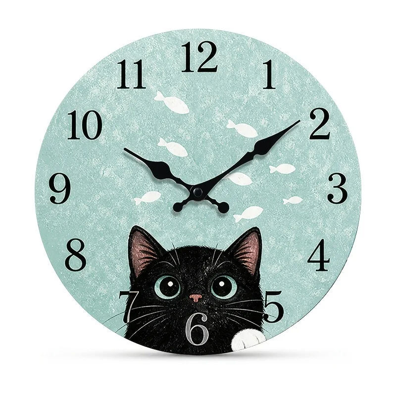 1pc, Healing Peeking Black Cat White Small Fish Wall Clock, Fresh Mint Small Fish Black Cat Round Quartz Clock Living Room
