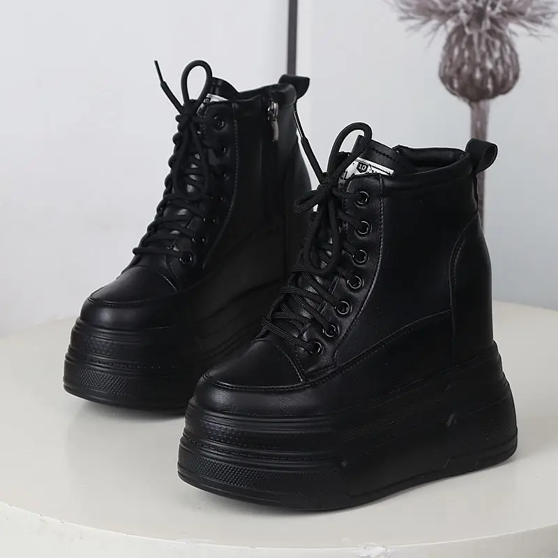 

Высокие кроссовки-ботинки на платформе из натуральной кожи, 13 см, на танкетке, до середины икры, женские, хорошо сидящие, на платформе