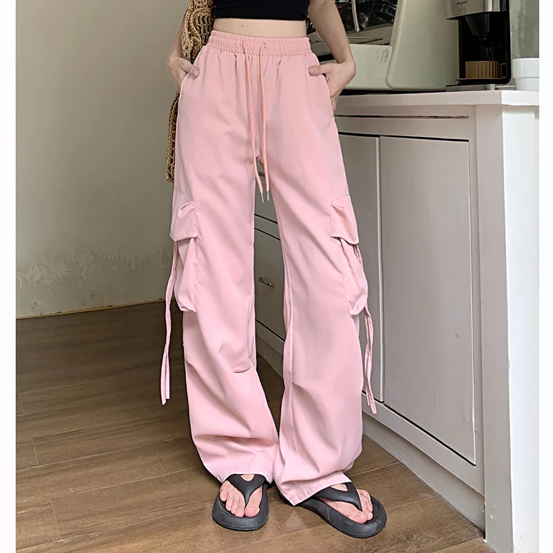 2025 Ins Fashion Lady High Waist Trousers Girls Streetwear Loose Fit Cargo Pants Women Korean Solid Color Wide Leg Pants