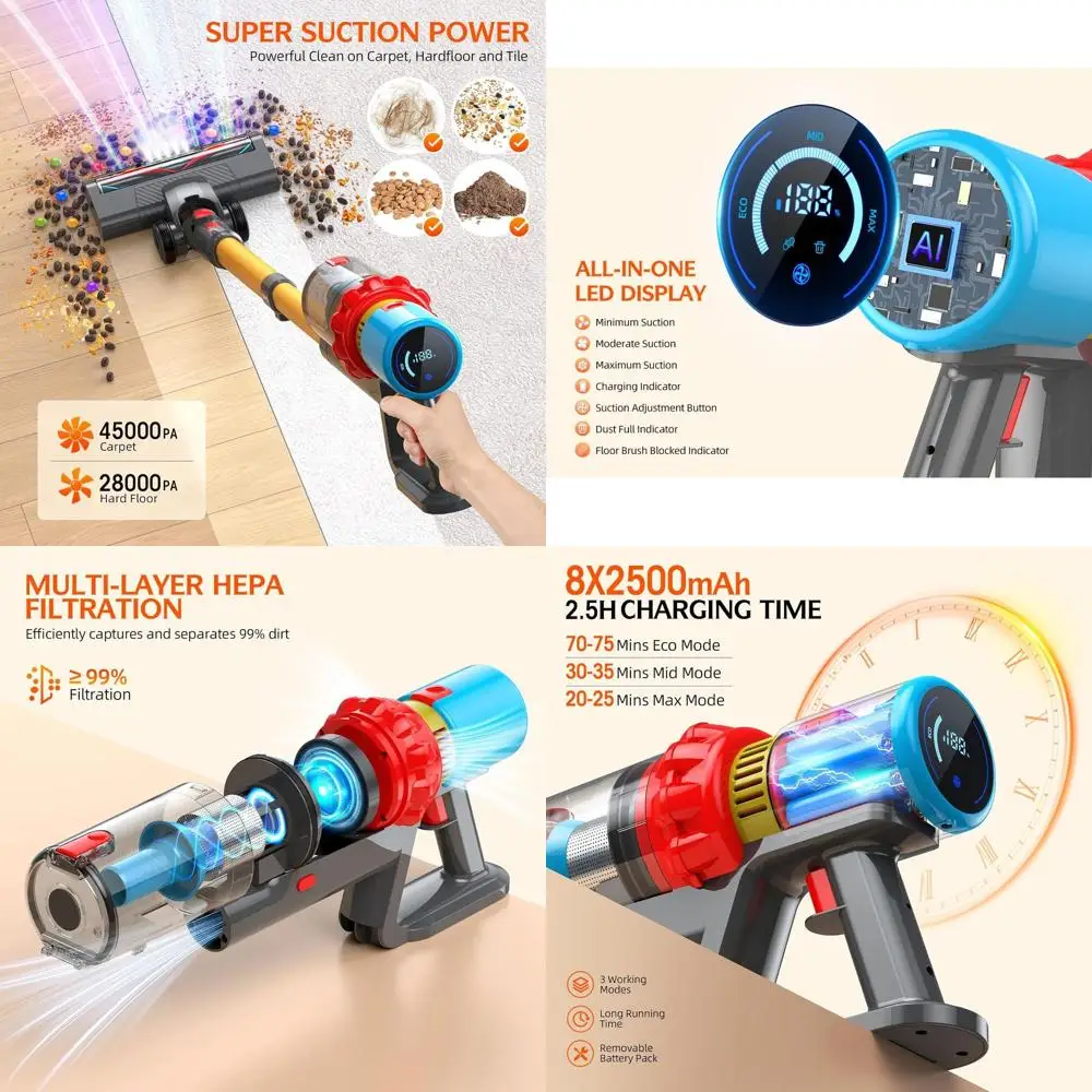 

Беспроводной вертикальный пылесос 550 Вт, 70 минут работы, с защитой от запутывания, LED-дисплеем, идеально подходит для дома, автомобиля и удаления шерсти животных