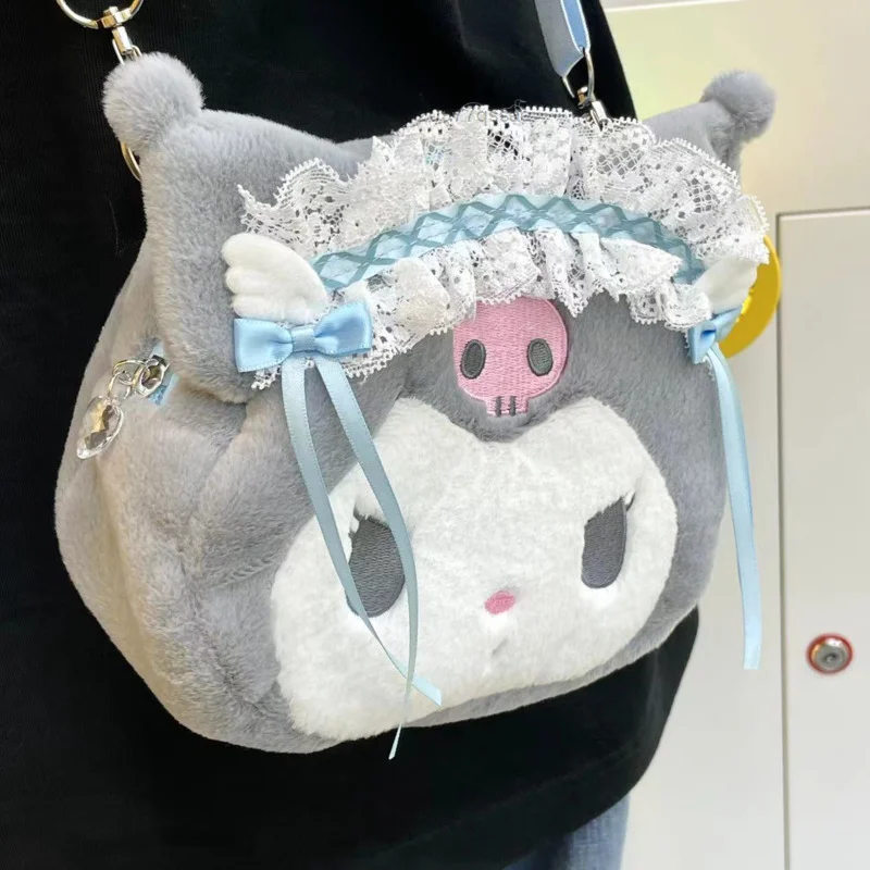 Cinnamoroll Kuromi Cute Anime Bag Sanrio Lolita Lace-edge Decor borsa a tracolla ricamata Hello Kitty Zipper Storage Bag