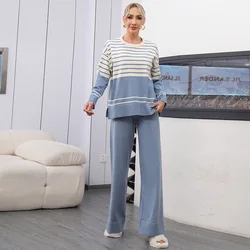 Patchwork Stripe Sweater And Wide Leg Pant Homewear Women Suit O-neck Pullovers + Long Trouser Autumn Winter Two Piece Set 2024