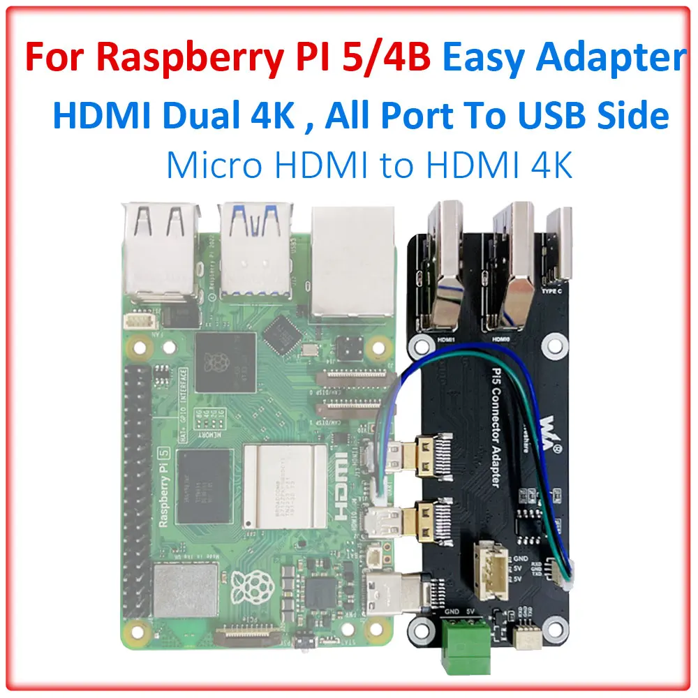 

For Raspberry Pi 5/4B easy Connector Adapter board portable Micro HDMI to HDMI 4K All Ports To Pi's USB Side