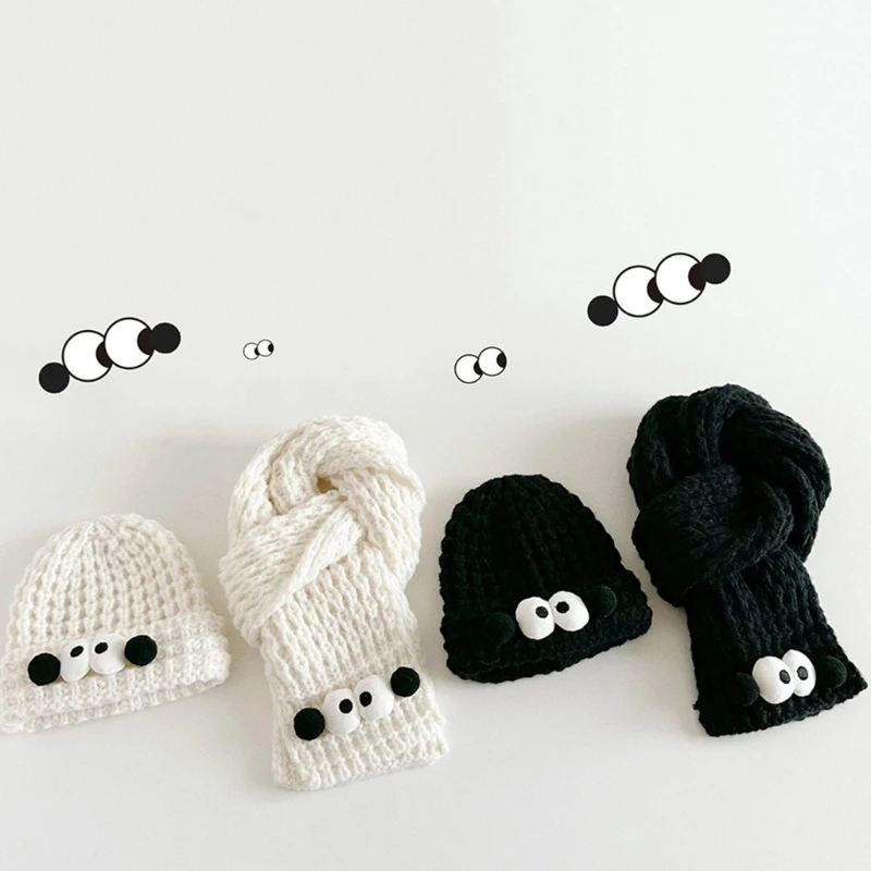 Adult Winter Cartoon Big Eyes Beanie Hat Scarf Knit Beanie Warm for Women