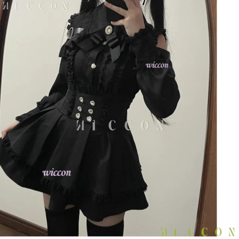 Jirai Kei Outfit Lolita Girls Camicetta Top Donna Kawii Bow Gonne nere Camicie Camicia a maniche lunghe Y2K Dolce signora giapponese Dress Up