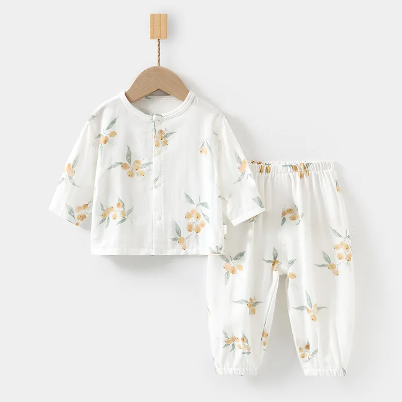 Baby Cotton Pajama Sets Baby Homewear Long-Sleeved Bamboo Fiber Top Pants Children Summer Air Conditioning Room Clothes Girls