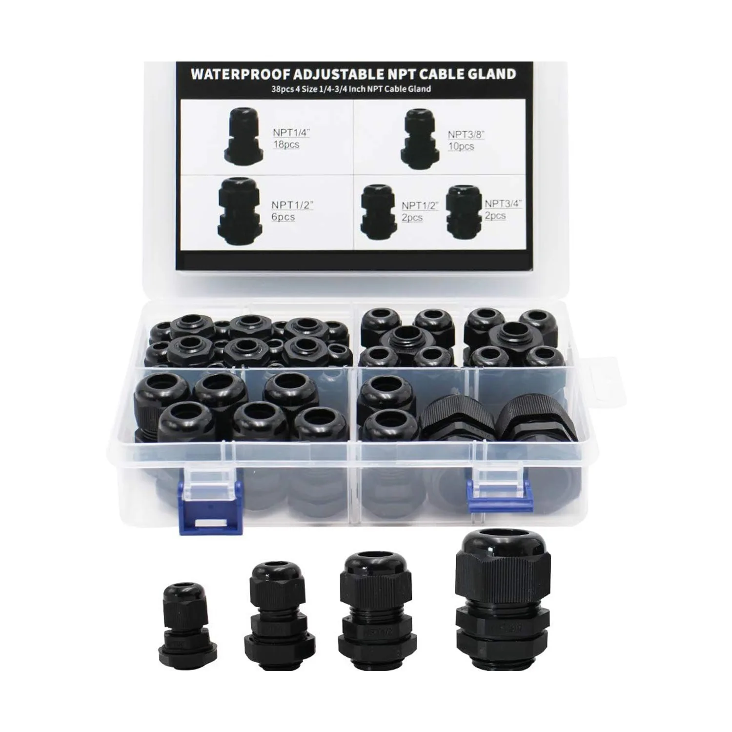 38Pcs NPT Waterproof Fittings Combination 1/4 3/8 1/2 3/4 Inch Black with Seals