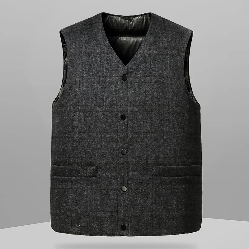 Autumn Winter Men Wool Outer Down Waistcoat Sleeveless Vest White Duck Down Filling Plaid Snap Pocket Warm Inner Casual Gilet