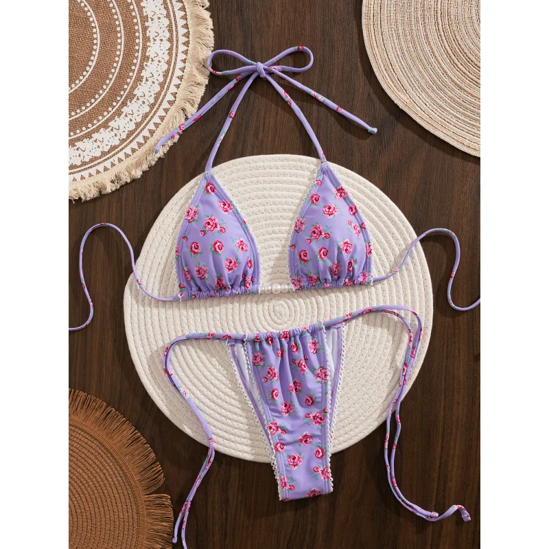 

New Soft Bag Printed Lace Trim Pearl Decorated Thin Strap Halter Neck Tie Party Bikini Set
