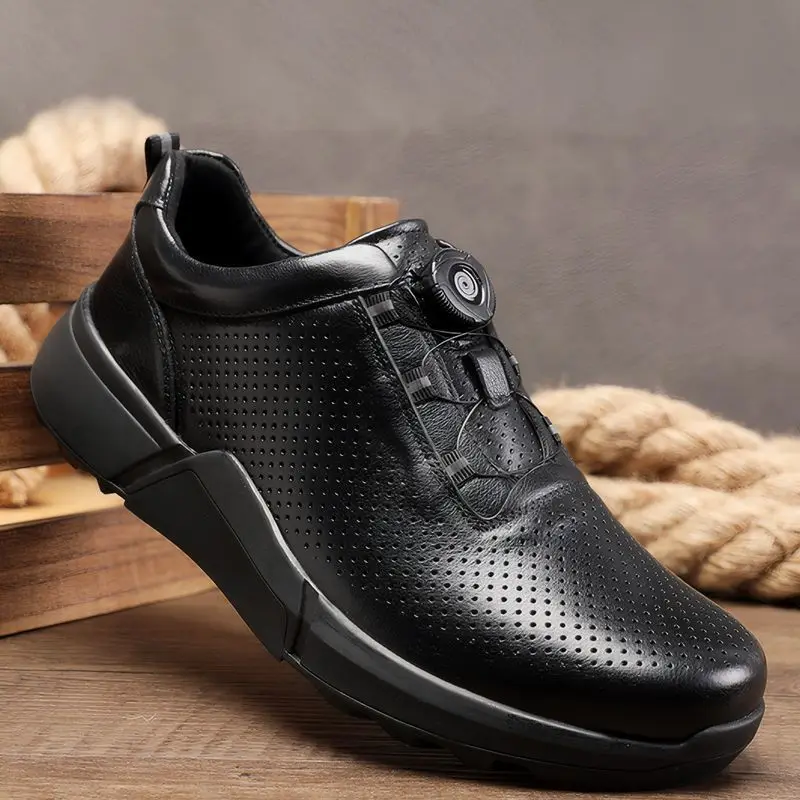 Genuine Leather Shoes Men Rotary Buckle Loafers Walking Original Soft Sneaker Stylish Walking Hollow Summer Breathable Business