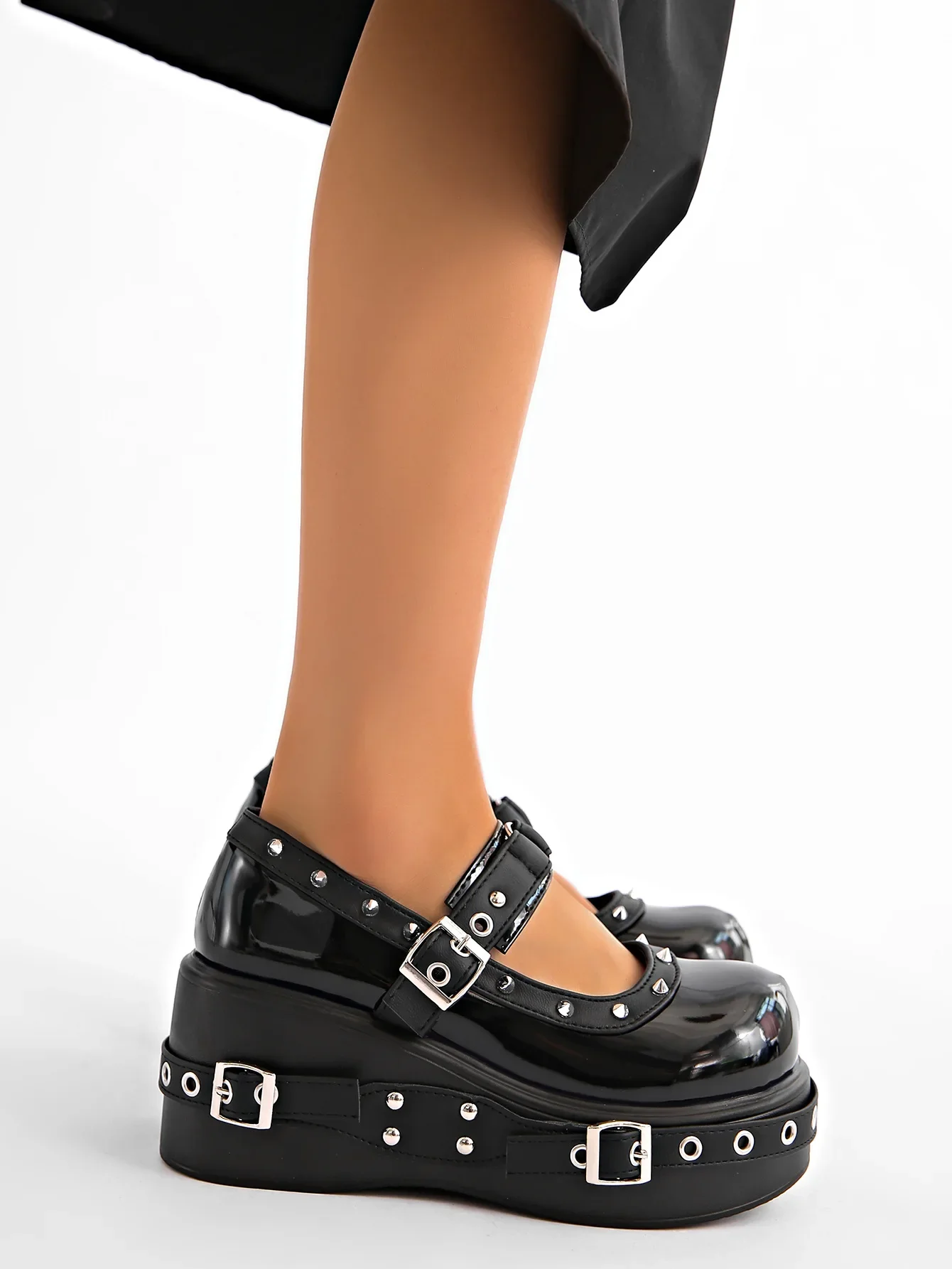 Damen Plus Size 35-42 Mary Jane Schuhe, Plateau T-Strap Pumps, Nietenbesetzte Schwarze Leder-Freizeitschuhe, Cosplayer Punk-Stil Schuhe – Detail 10