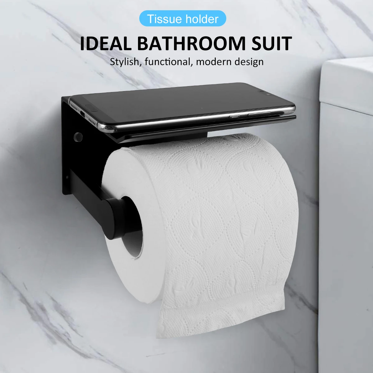 Wall Mounted Toilet Paper Holder Storage Rack with Phone support for Bathroom Kitchen Washroom No Drilling Required