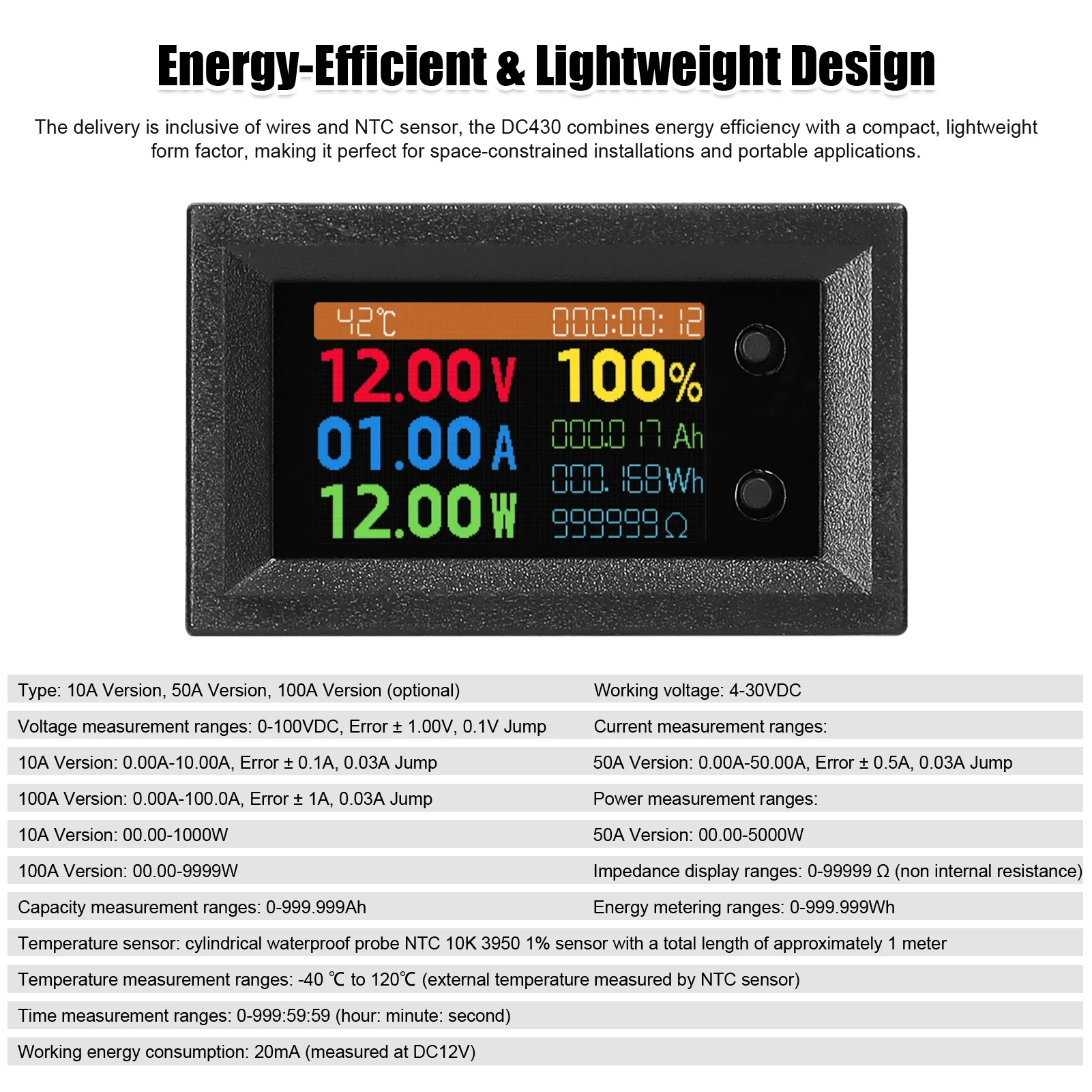 DC 4-30V Voltmeter Ammeter Power Energy Meter LED Digital DC Wattmeter Meter 9-in-1 Multi-function Measuring Instrument