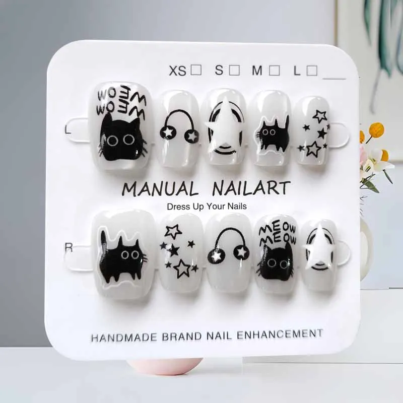 10 pièces dessin animé mignon chat noir bleu gris géométrie à la main presse sur les ongles tête carrée Patch pour ongles oeil de chat Patch pour ongles faux ongles Art