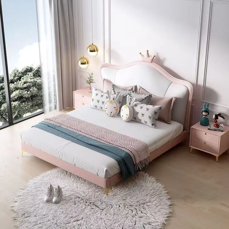 ￥#2025 Pink or Blue Color Soft Up-holstered Beds Twin Kids Double Bed Frame Queen and King Shaped pink Princess Boys Design Bed