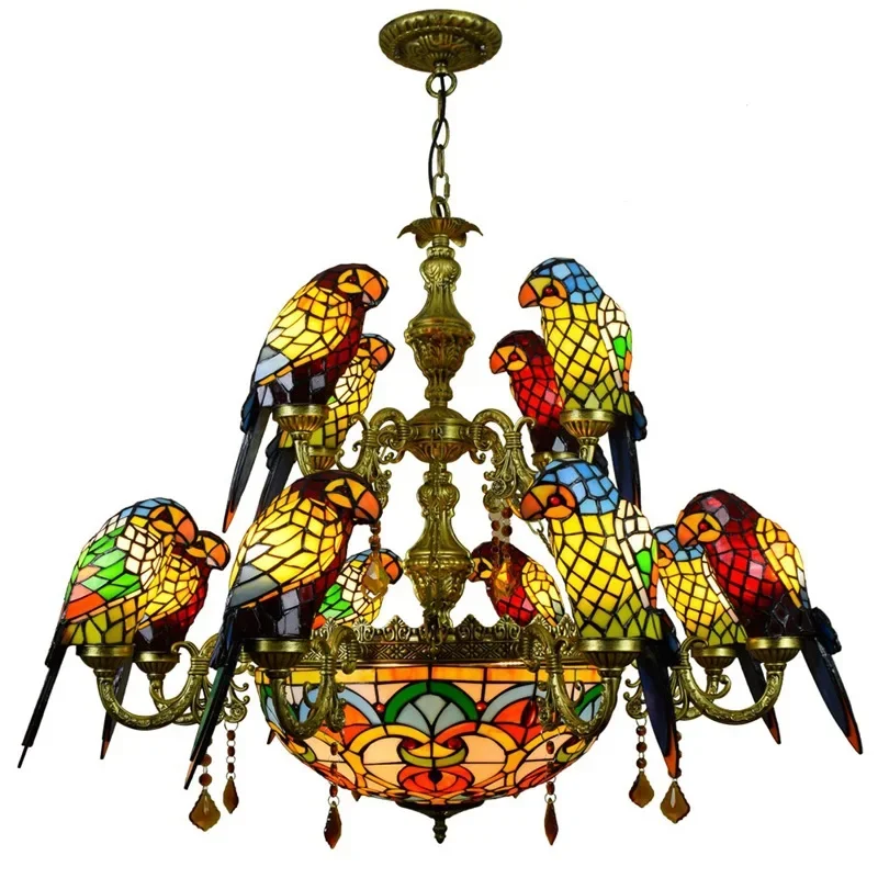 

Vintage art stained glass parrot chandelier bar restaurant living room bird lamp glazed lighting