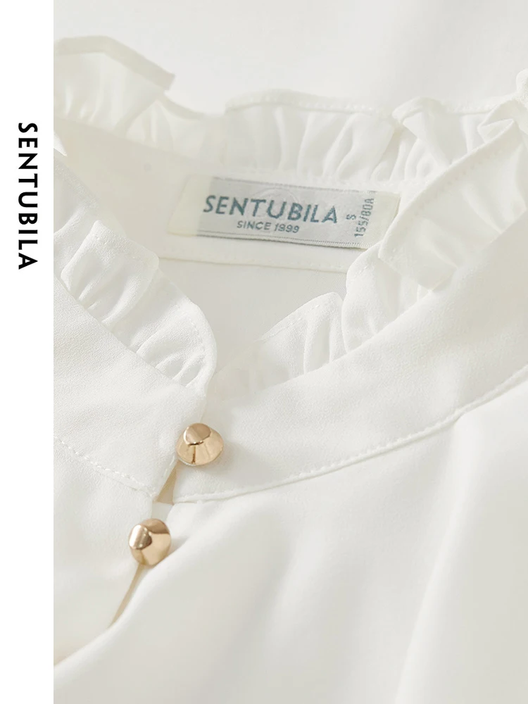 SENTUBILA Ruffles Chiffon White Shirts Women 2024 Spring Autumn Elegant Ruffled Collar Long Sleeve Tops Female Clothes 141V53022