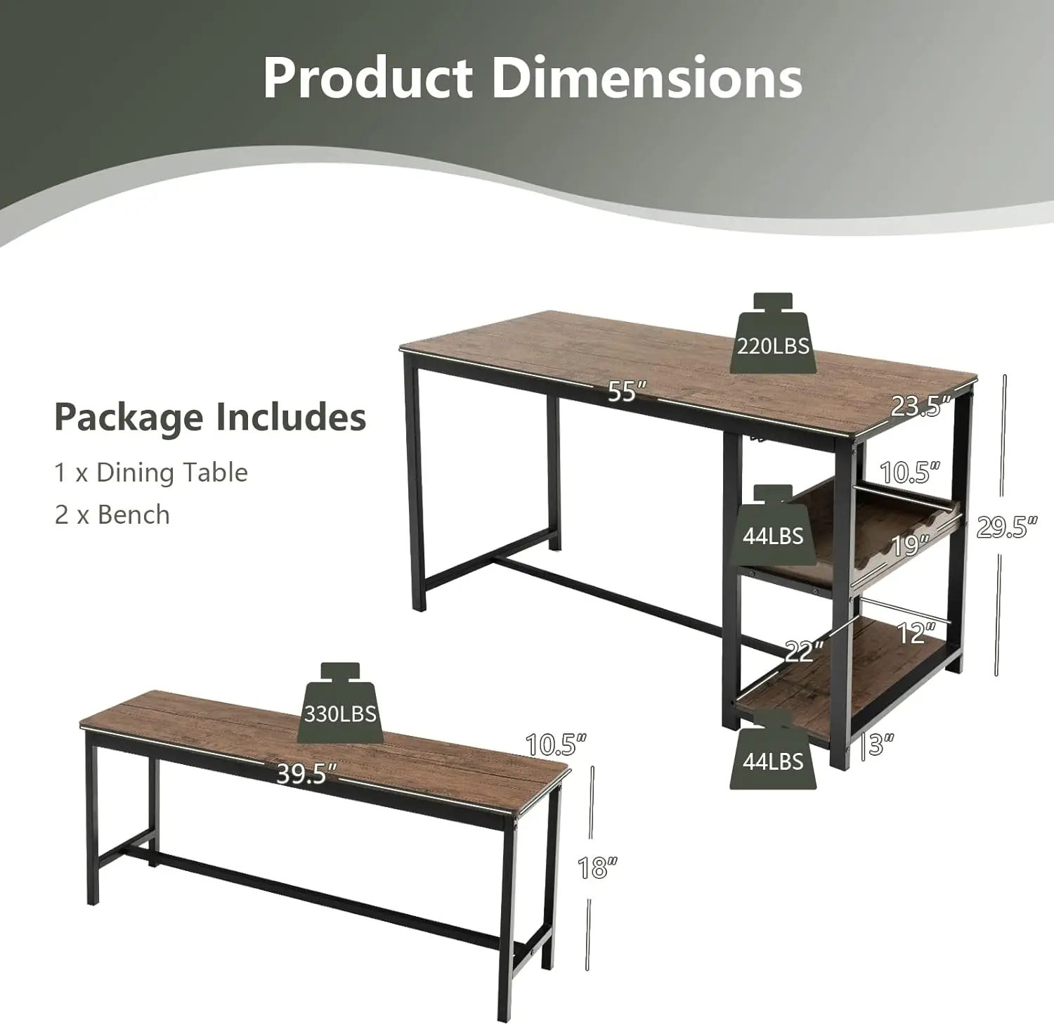 Ensemble de table à manger 3 pièces pour 4, table à manger de pub rustique avec 2 bancs, 2 étagères de rangement et porte-verre, petit-déjeuner