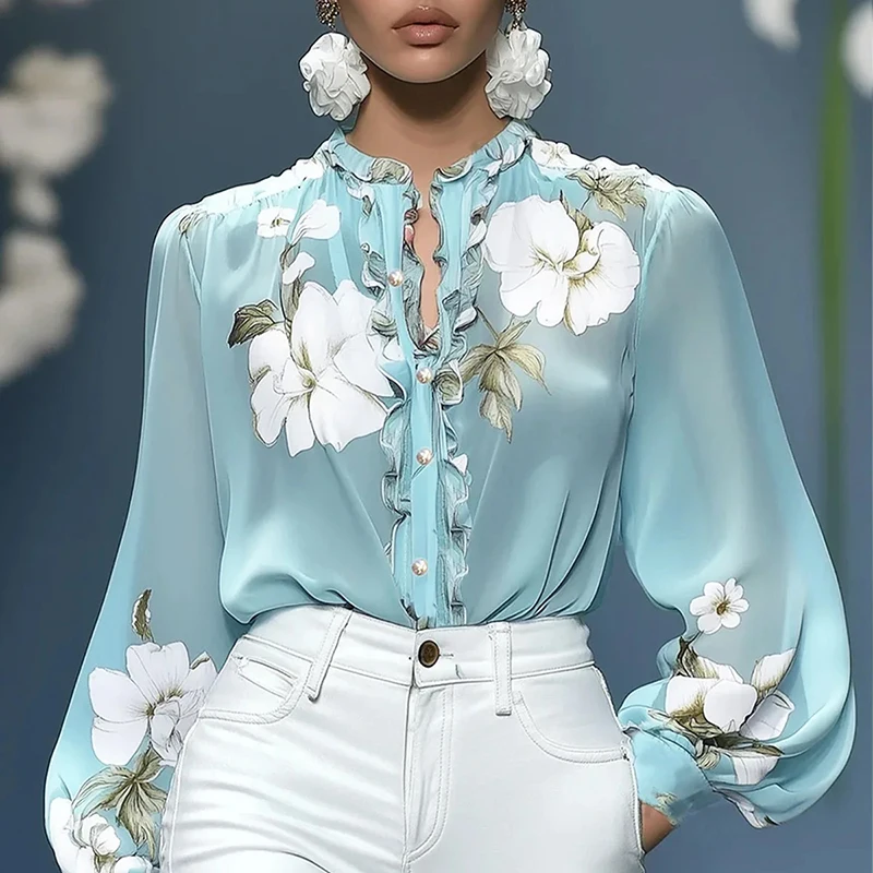 중국 스타일 블라우스 여성 캐주얼 플로럴 프린트 O넥 버튼 오피스 탑 셔츠 가을 신상 퍼프 롱 슬리브 여성 의류 블루사