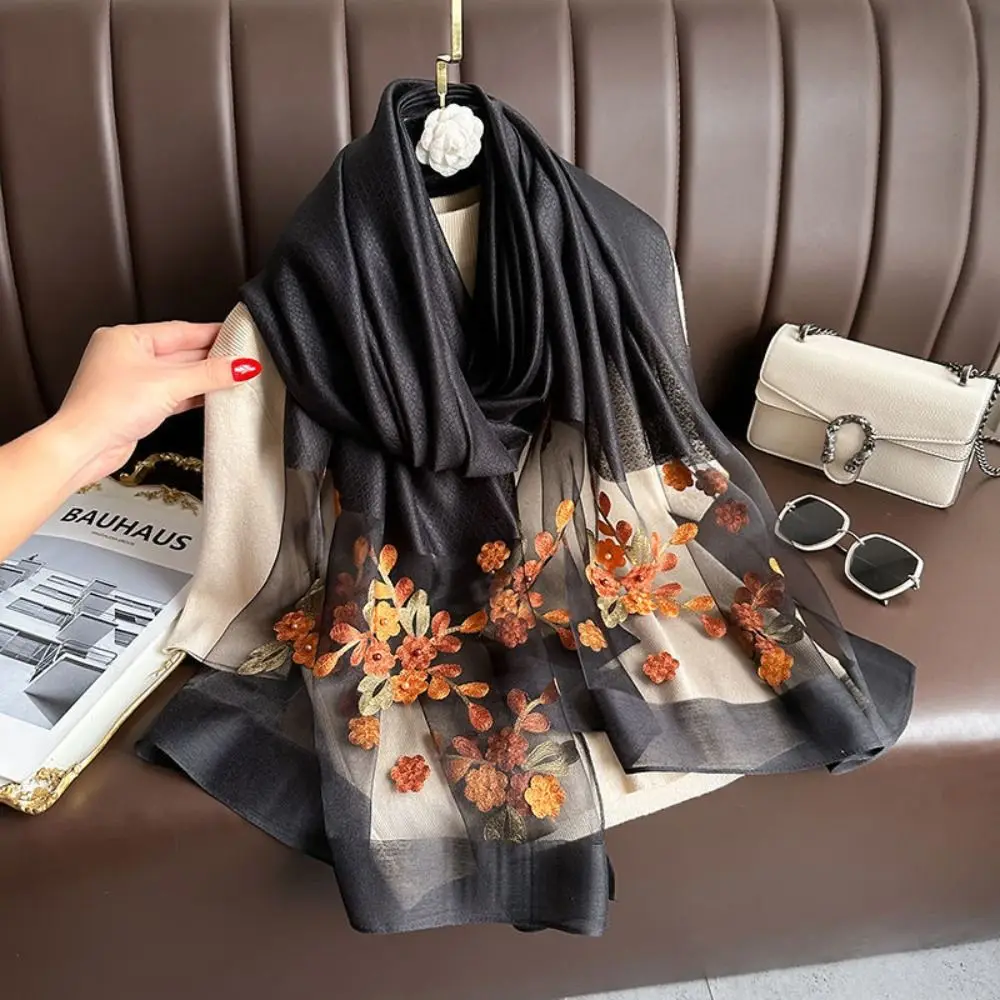 

Elegant Soft Thin Luxury Silk Scarf Flower Embroidery Large Women Hijab Shawls Foulard Wraps Shiny Lace Scarf Headkerchief