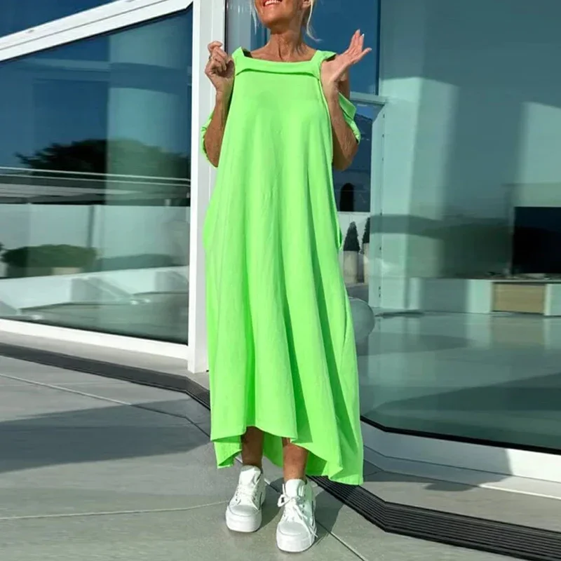 Sommer schulterfrei, einfarbig, lässig, lockeres Maxikleid, 2025, Blumenmuster, kurzärmelig, A-Linie, Pulloverkleid, Streetwear, Strandkleider