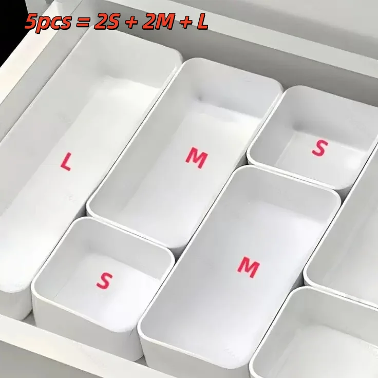 Juego de 5 cajones organizadores, bandeja divisora de plástico para escritorio, para cosméticos, papelería, utensilios de cocina y organización del hogar