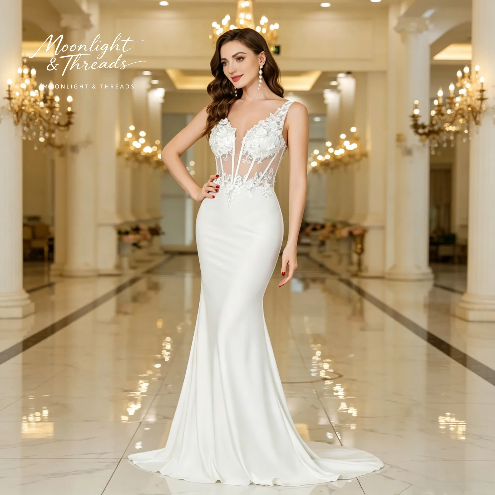 White Sexy Deep V-Neck Mermaid Wedding Dress with Openwork Embroidery And Appliqué Design for Women
