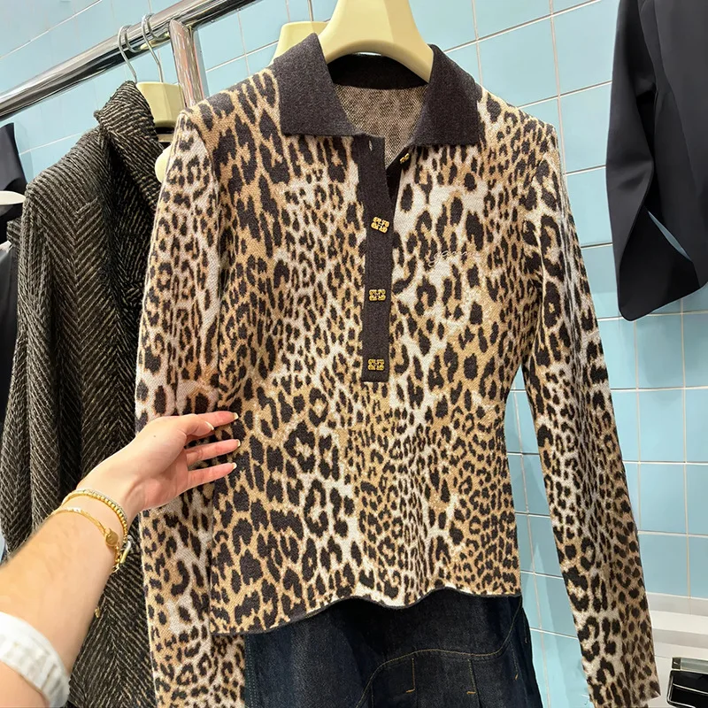 2025 women's new vitntage leopard print top long sleeve embroidery casual ladies pullover