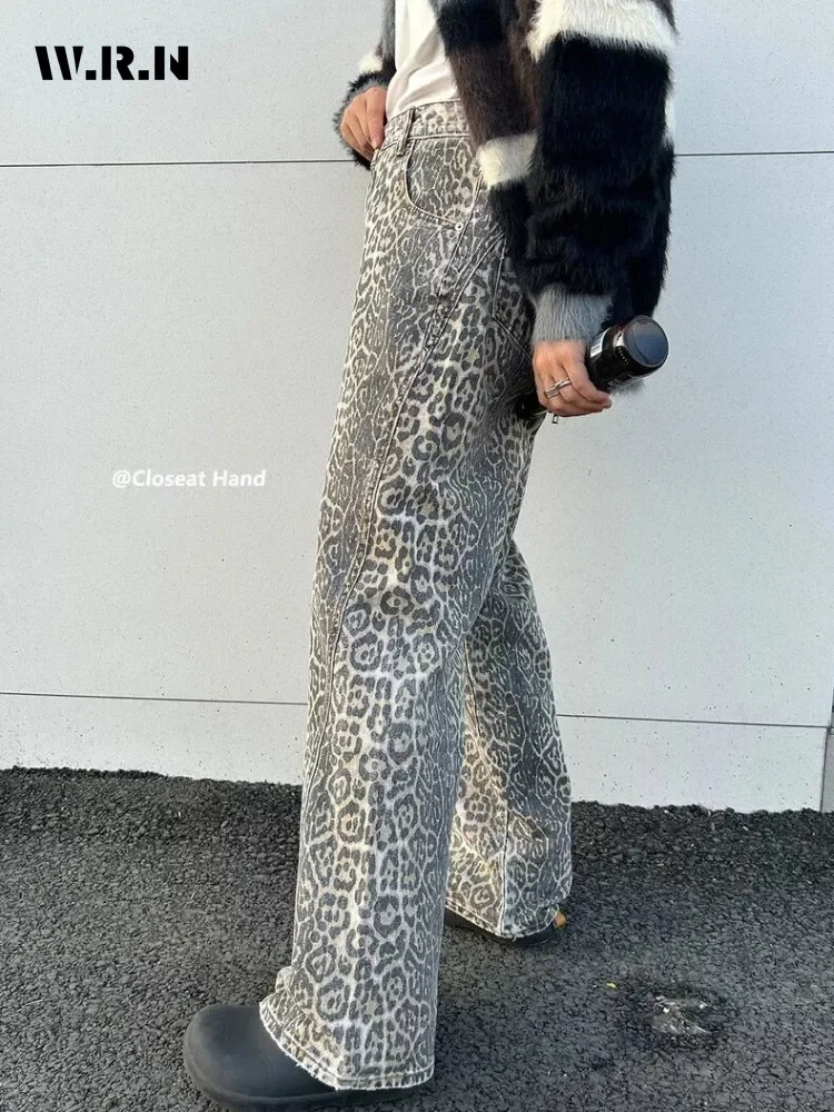 Damen American Vintage Leopardenmuster, gewaschene, dünne Jeans, Straße, lässig, neutraler Stil, DenimTrousers, hohe Taille, gerade Hose