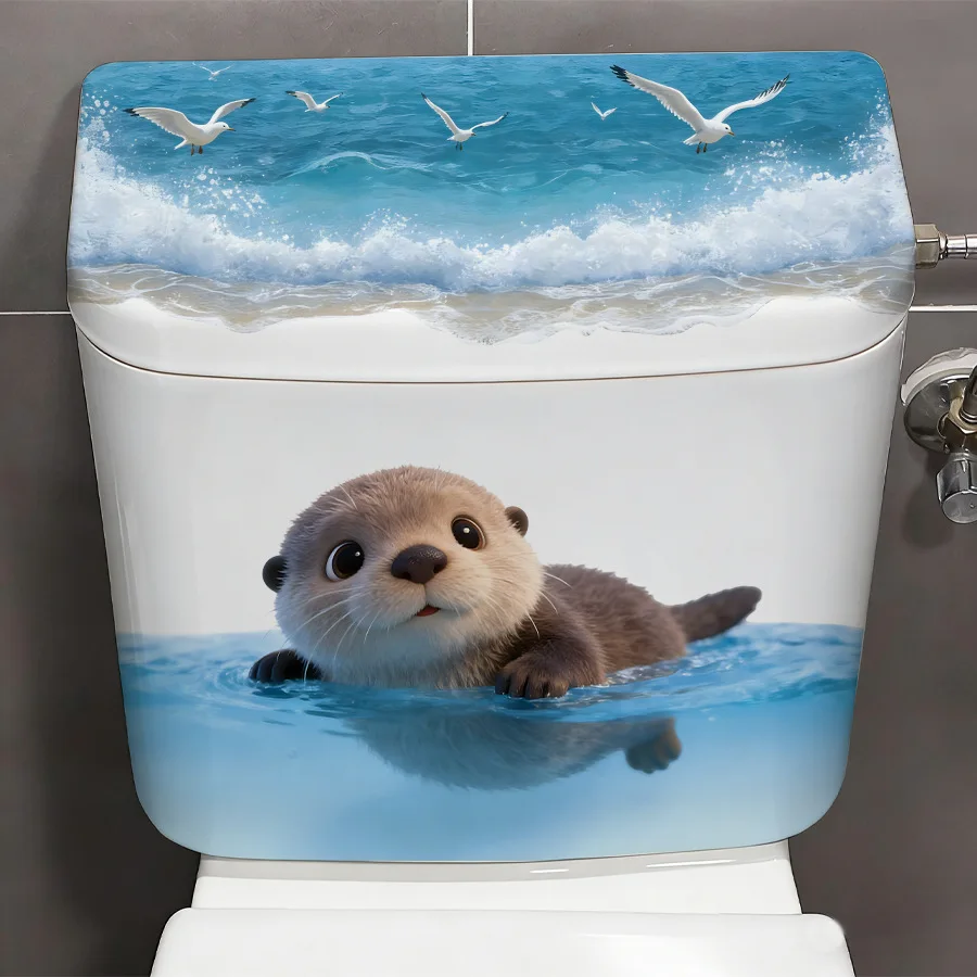 1 Stück niedlicher Otter-Toilettentank-Aufkleber, Vinyl-Aufkleber mit Meereswellen-Motiv für Badezimmerdekoration, selbstklebende Wandkunst, Heimdekorationszubehör