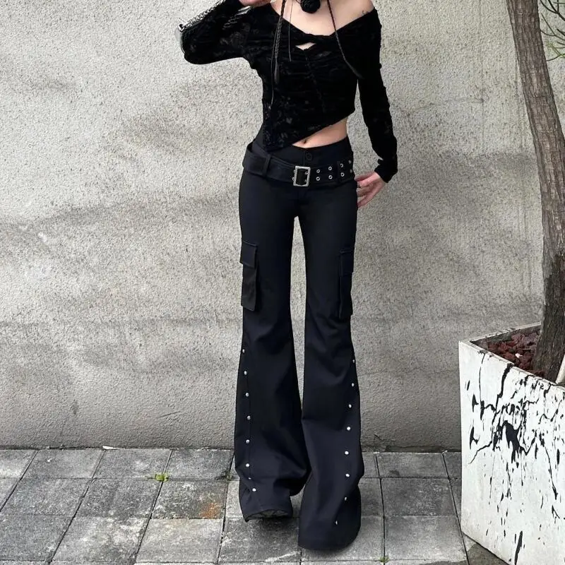 American Hottie Retro Wash Black Pant Women Gothic Long Trousers Spring Fall Harajuku Low Waist Slim Flare Pants Y2K Streetwear