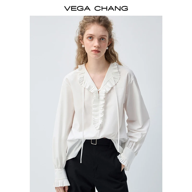 

Vega Chang Spring and Autumn New Women's Lantern Sleeve V-Neck Versatile White Shirt