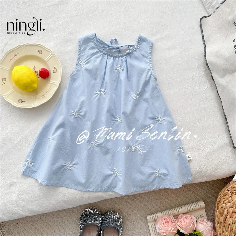 Girls Dress Summer New Sleeveless Sleeveless Design Sense Solid Vest Casual Simple Fashion Loose Sweet Korean Active Vintage