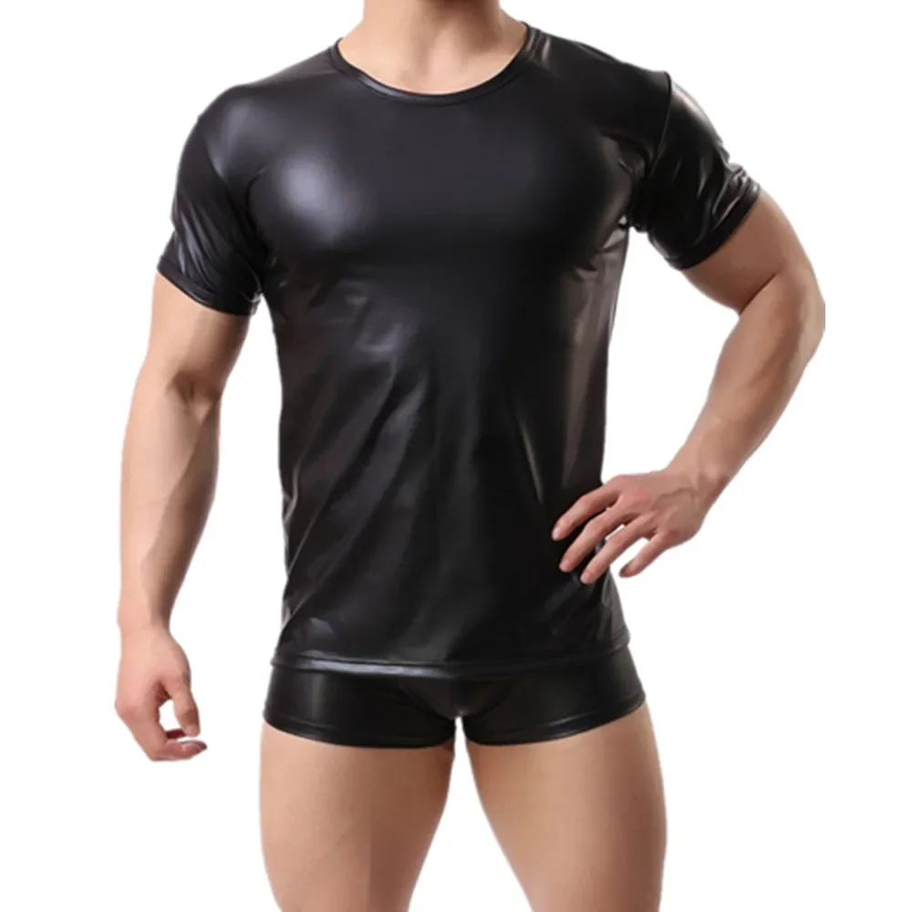 

Mens Elastic Pu Leather T-shirt Short Sleeve Soft Matte Leather Tees Male O-neck Shaping Vest